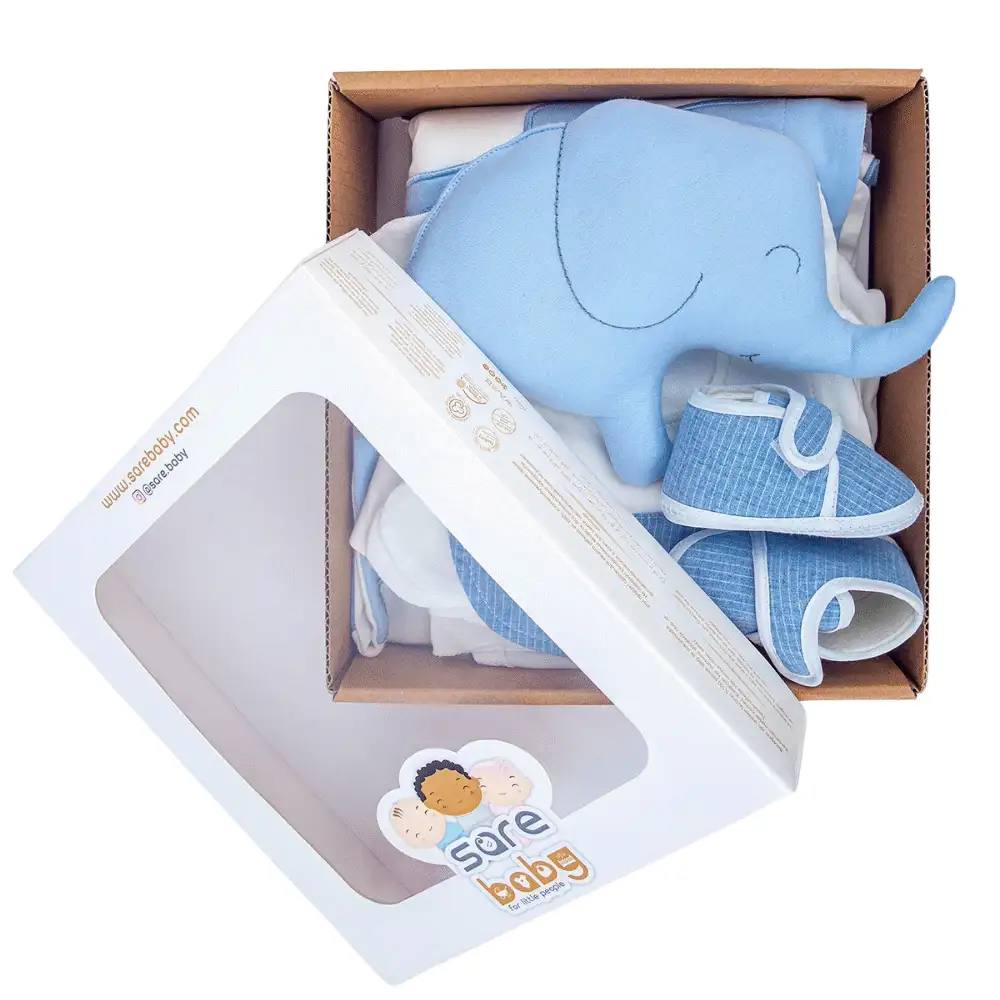 Sarebaby %100 Natural Cotton Cute Blue Elephant Serial Coming Home 10 Pieces Set With Toy Gift