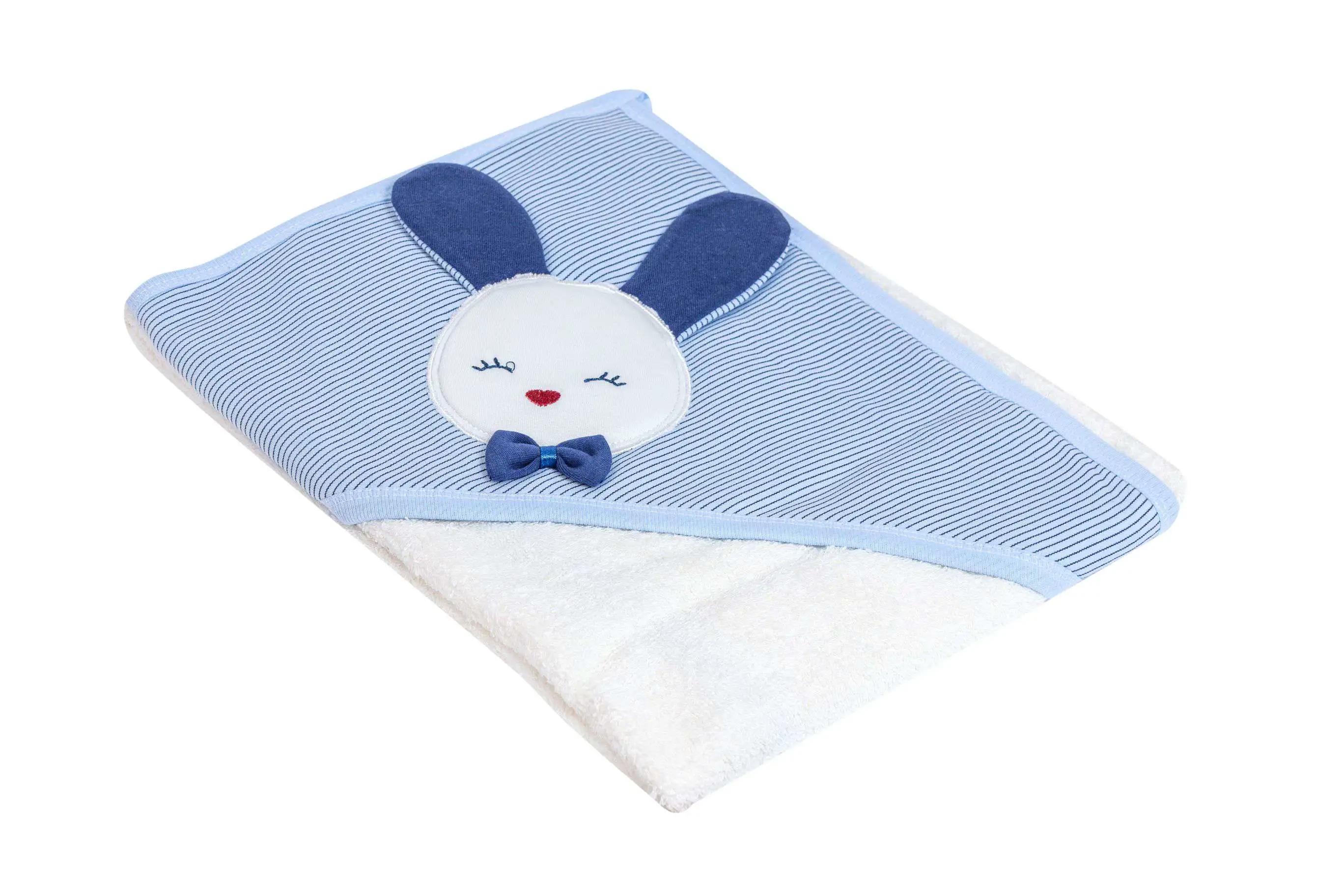 Sarebaby Cute Bunny Serial Baby Towel And Bathrobe Sets %100 Natural Cotton For 0-2 Age Blue
