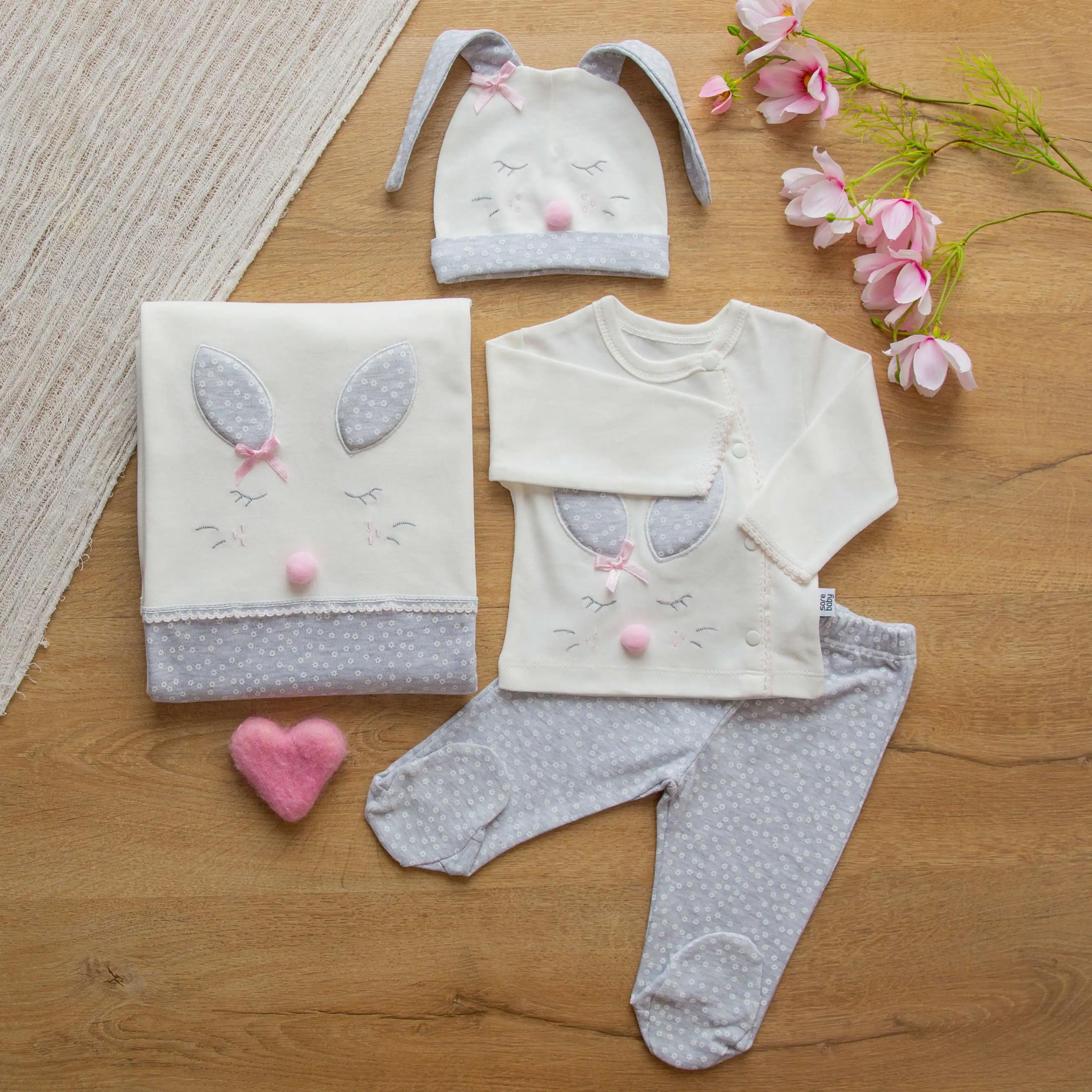 Sarebaby Cute Bunny Serial Unisex Baby Coming Home Sets Of 10 Pieces Gray