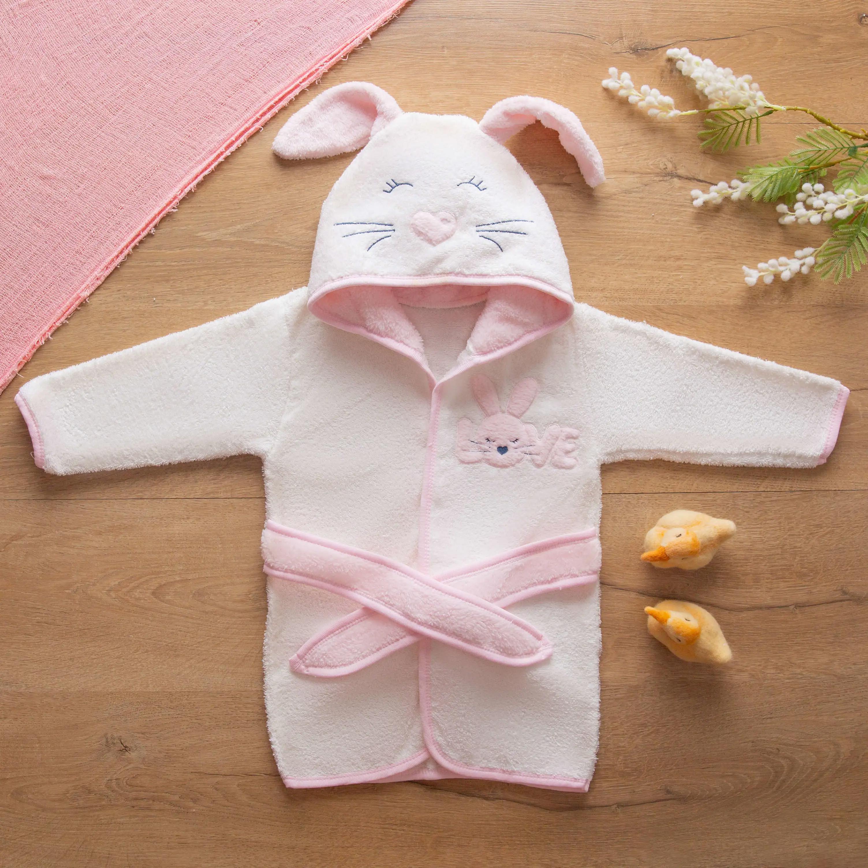 Sarebaby Love Serial Baby Bathrobe %100 Natural Cotton For 0-2 Age Pink